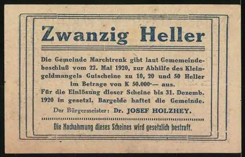 Notgeld Marchtrenk 1920, 20 Heller, Kirche und Dorfansicht