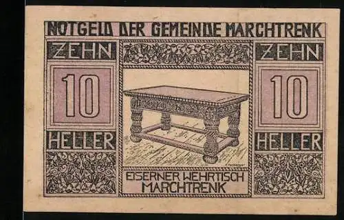 Notgeld Marchtrenk 1920, 10 Heller, Eiserner Wehrtisch-Motiv