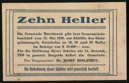 Notgeld Marchtrenk 1920, 10 Heller, Eiserner Wehrtisch-Motiv