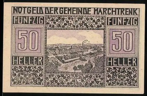 Notgeld Marchtrenk 1920, 50 Heller, Stadtansicht mit Ornamenten