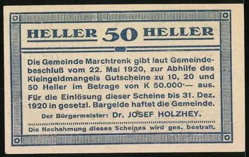 Notgeld Marchtrenk 1920, 50 Heller, Stadtansicht mit Ornamenten