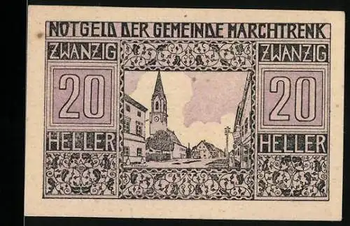 Notgeld Marchtrenk 1920, 20 Heller, Stadtansicht mit Kirche und dekorativem Rahmen