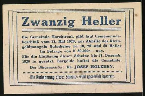 Notgeld Marchtrenk 1920, 20 Heller, Stadtansicht mit Kirche und dekorativem Rahmen