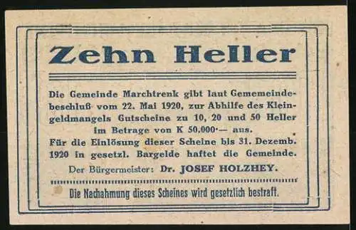 Notgeld Marchtrenk 1920, 10 Heller, Eiserner Wehrtisch-Motiv