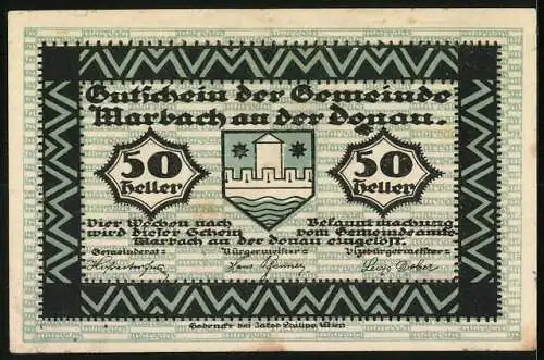 Notgeld Marbach an der Donau, 50 Heller, Stadtansicht und Wappen der Gemeinde
