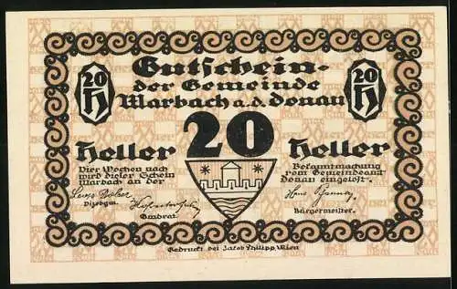 Notgeld Marbach a.d. Donau, 20 Heller, Stadtansicht mit Brücke und Wappen