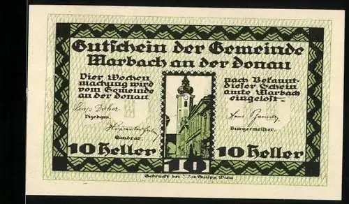 Notgeld Marbach an der Donau, 10 Heller, Ansicht des Turms und Wappen der Stadt