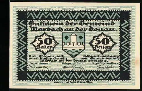 Notgeld Marbach an der Donau, 50 Heller, Stadtwappen und Landschaftsmotiv