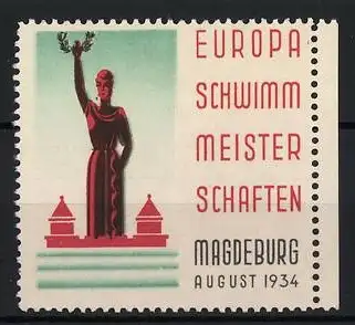 Reklamemarke Magdeburg, Europa Schwimmmeisterschaften, Statue mit Lorbeerkranz, August 1934