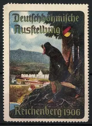 Reklamemarke Reichenberg, Deutschböhmische Ausstellung, Wanderer mit Landschaft 1906