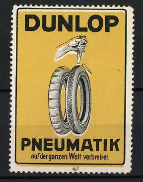 Reklamemarke Dunlop Pneumatik, Hand mit Messer und Reifen