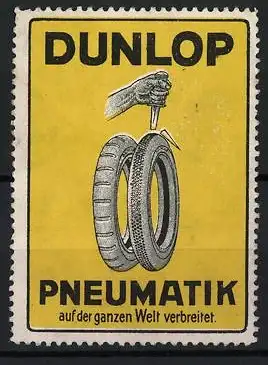 Reklamemarke Dunlop Pneumatik, Hand mit Messer und Reifen