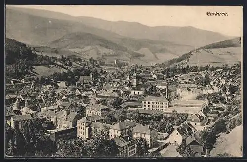 AK Markirch, Ortsansicht mit Bergblick aus der Vogelschau