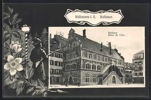 AK Mülhausen i. E., Rathaus, Wachsoldat bei Nacht, Blume