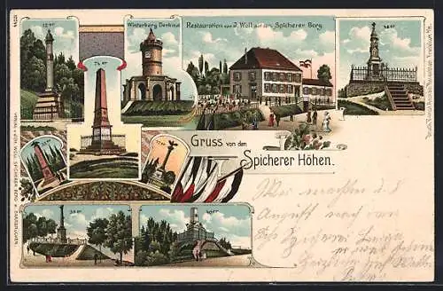 Lithographie Spichern, Spicherer Berg, Restauration von J. Woll und Denkmäler auf den Spicherer Höhen