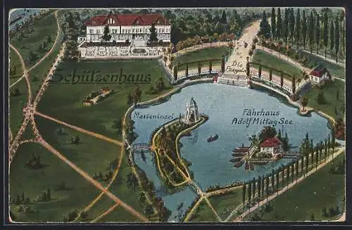 AK Magdeburg, Adolf Mittag See mit Gaststätte Schützenhaus, Marieninsel, Fährhaus u. Pergola aus der Vogelschau