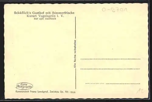 AK Vogelsgrün i. V., Schädlichs Gasthof-Sommerfrische mit Strasse