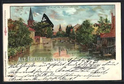 Lithographie Alt-Erfurt, Venedig, Blick auf die Lehmannsbrücke