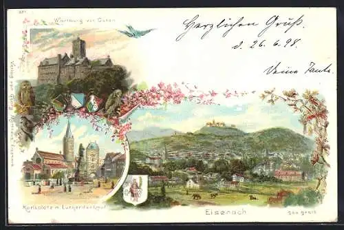 Lithographie Eisenach, Wartburg, Karlsplatz mit Lutherdenkmal, Totalansicht