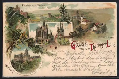 Lithographie Schwarzburg, Ortsansicht, Dom in Erfurt, Wartburg