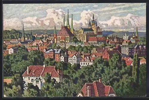 Künstler-AK Erfurt, Teilansicht der Stadt mit Dom