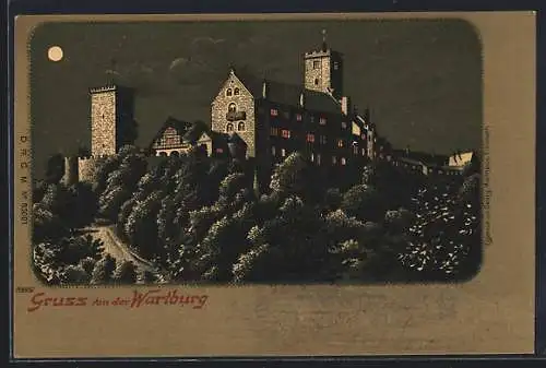Lithographie Wartburg, Panoramablick auf die Burg