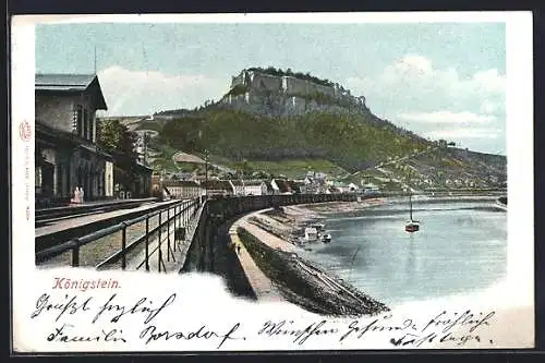 AK Königstein / Elbe, Bahnhof mit Blick zur Festung