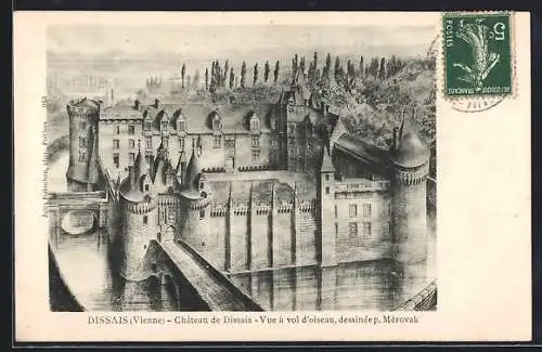 AK Dissais, Château de Dissais, Vue à vol d`oiseau, dessinée par Mérovak