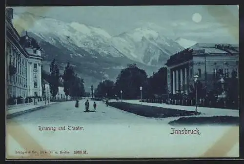 Mondschein-AK Innsbruck, Strasse Rennweg und Theater