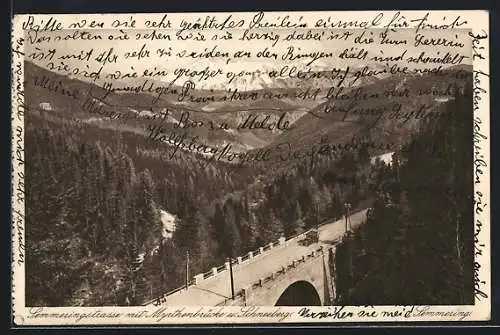 AK Semmering, Semmeringstrasse mit Myrthenbrücke und Schneeberg