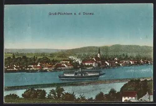 AK Gross-Pöchlarn a. d. Donau, Teilansicht mit Kirche und Dampfer