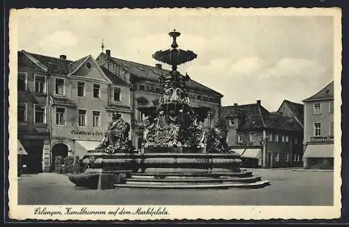 AK Erlangen, Kunstbrunnen und Café am Marktplatz