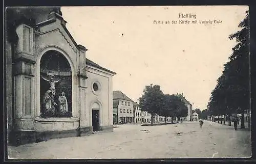 AK Plattling, Partie an der Kirche mit Ludwigs-Platz