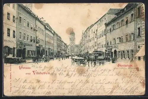 AK Vilshofen, Bäckerei von Georg Detzel und Gasthaus zur Post am Stadtplatz