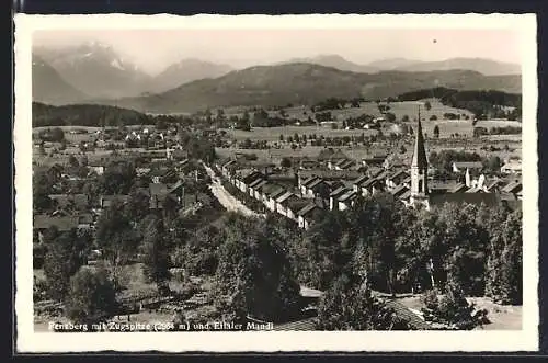 AK Penzberg, Ortsansicht mit Zugspitze und Ettaler Mandl