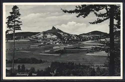 AK Flossenbürg, Ortsansicht mit Burgruine aus der Ferne