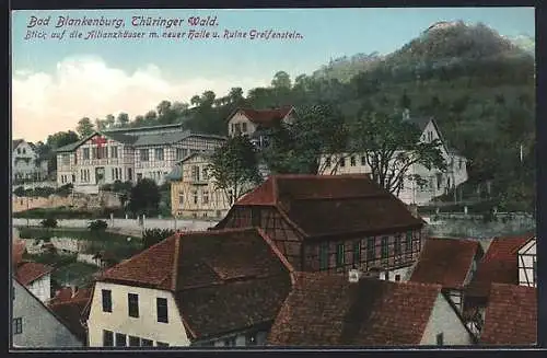 AK Bad Blankenburg, Allianzhäuser mit neuer Halle und Ruine Greifenstein