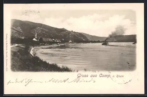 AK Camp am Rhein, Panorama mit der Kirche vom Rheinufer aus