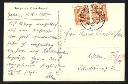 AK Badgastein, Strassenpartie am Kriegerdenkmal