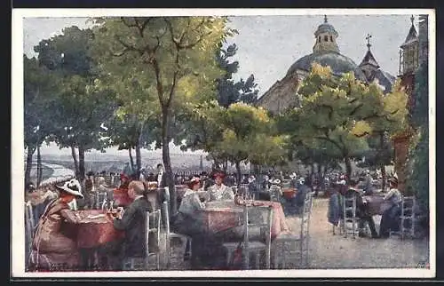 Künstler-AK Wien, Leopoldsberg, Restaurantgarten