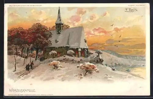 Künstler-Lithographie Fritz Reiss: Der Rhein, Wenzelskapelle
