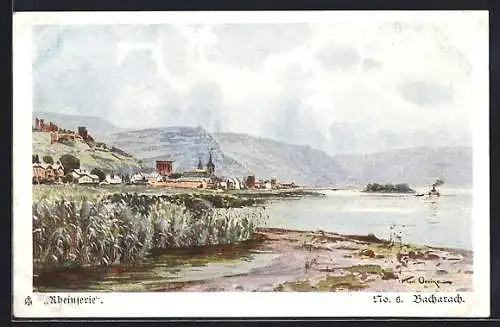 Künstler-AK Bacharach, Teilansicht mit Rheinblick