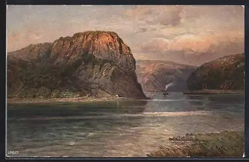 Künstler-AK Loreley, Rheinpartie mit Felsen