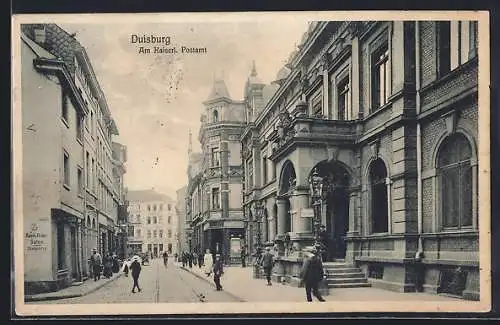 AK Duisburg, Strassenpartie mit Geschäften und Friseur am Kaiserl. Postamt