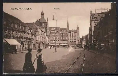 AK Recklinghausen, Markt mit Geschäften und Passanten