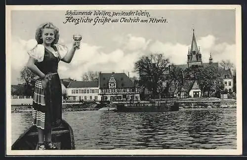 AK Oestrich / Rhein, Ortsansicht mit Schiffen, Frau in Tracht mit einem Weinglas