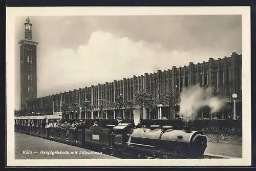 AK Köln, Ausstellung Pressa 1928, Hauptgebäude mit Liliputbahn