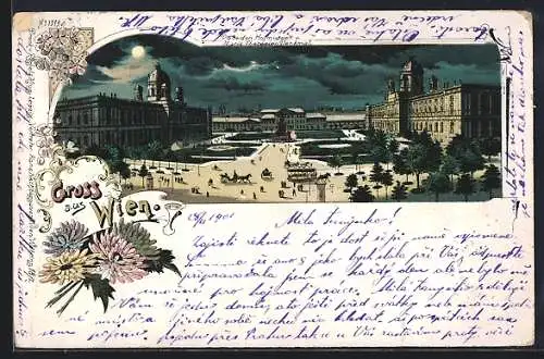 Lithographie Wien, Die beiden Hofmuseen mit Maria Theresien-Denkmal
