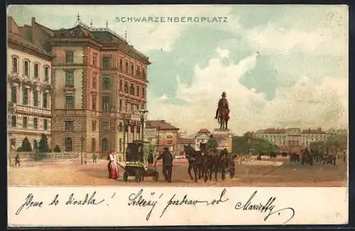 Lithographie Wien III, Schwarzenbergplatz mit Denkmal und Pferdekutsche
