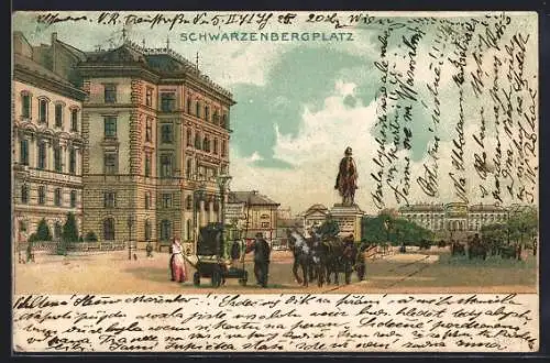 Lithographie Wien III, Schwarzenbergplatz mit Denkmal und Pferdekutsche
